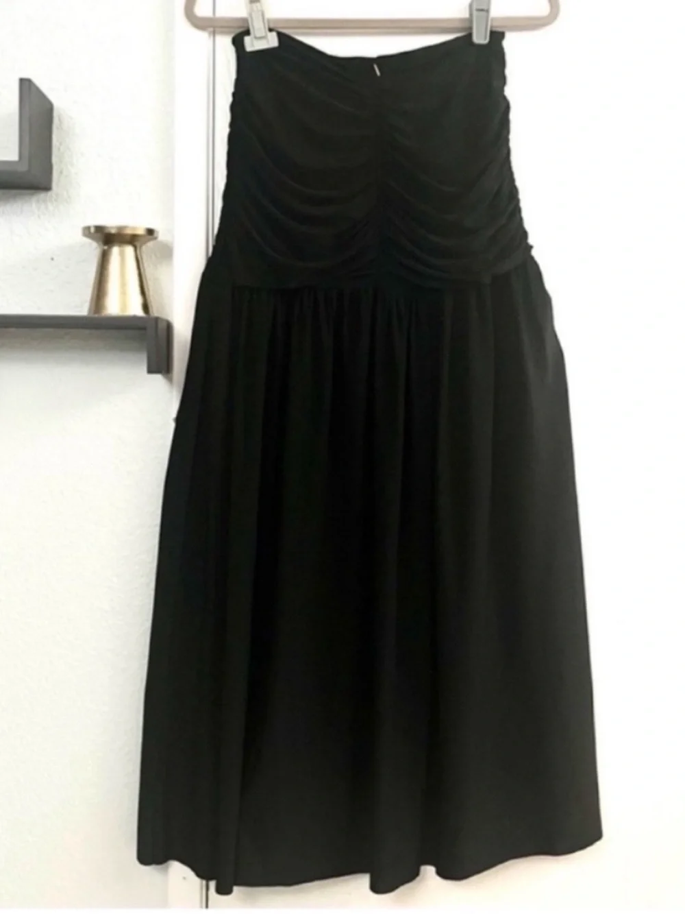 Misa Los Angeles Dalida Black Strapless Ruched Midi Skirt Size Large